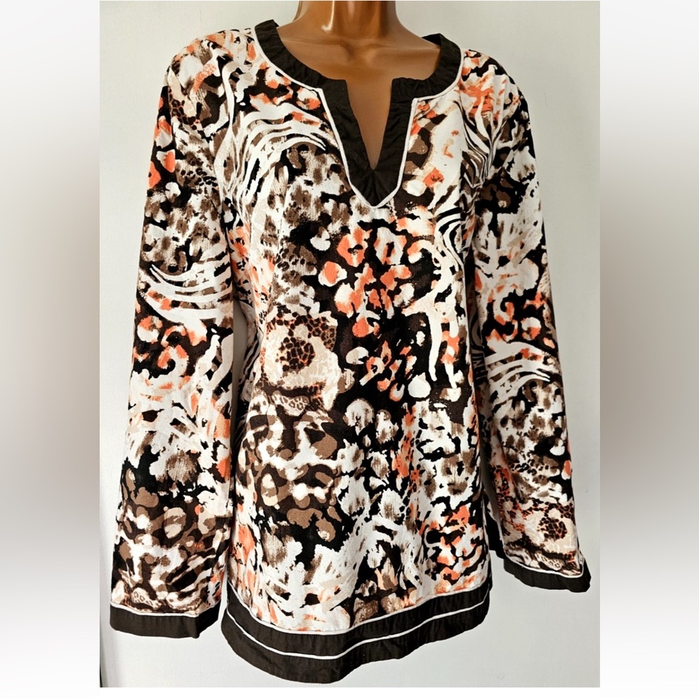 Peck & Peck Brown, Cream & Coral Printed V-Neck Tunic